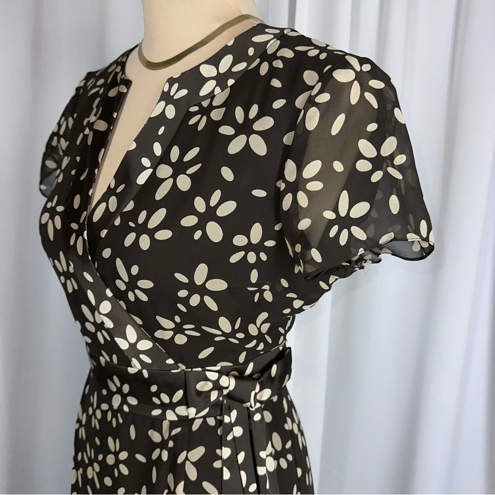 Talbots Vintage Pure Silk Midi Dress Sz 6 Brown Tan Faux Wrap‎ Bow Detail EUC - Picture 6 of 15